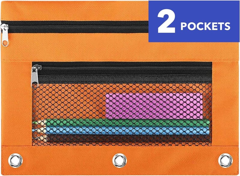 ASBEFORE Pencil Pouch for 3 Ring Binder - 3 Hole Zipper Pen Case Bag Holder Bulk Accessories Clear Window Aesthetic Organizer Pockets (Orange, 1) - Image 1